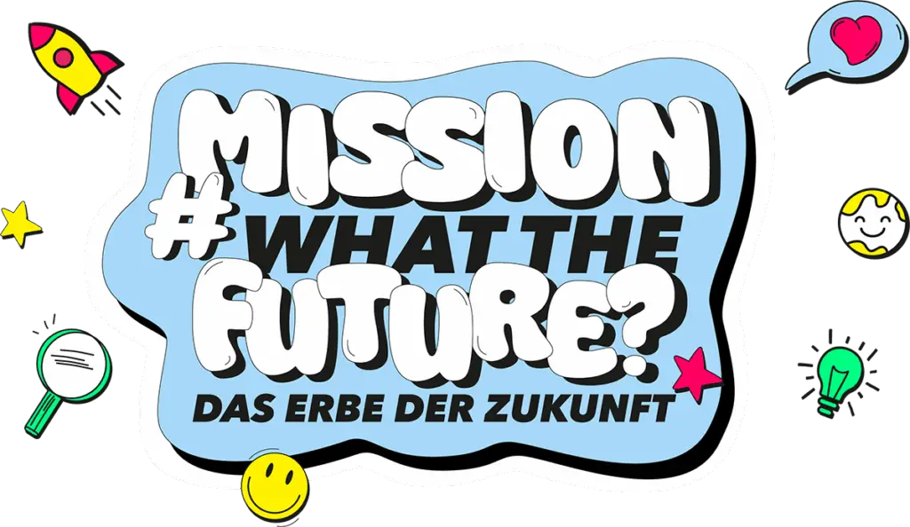 Grafik mit dem Schriftzug „Mission #WhatTheFuture? – Das Erbe der Zukunft“ im Comic-Stil, umgeben von Symbolen wie Glühbirne, Rakete und Smiley – ein kreativer Aufruf, sich mit den Stellenangeboten der Lebenshilfe Herford aktiv an der Gestaltung einer inklusiven Zukunft zu beteiligen.